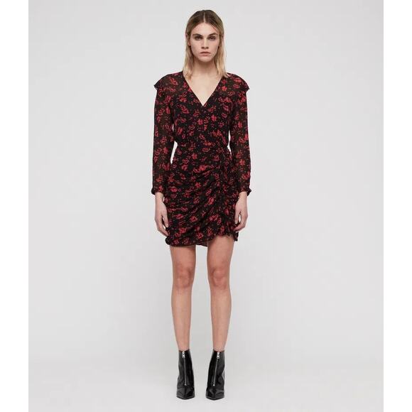 AllSaints Harlow Eira Red Floral Ruched V-Neck Long Sleeve Sheer Mini Dress XS - Picture 3 of 11